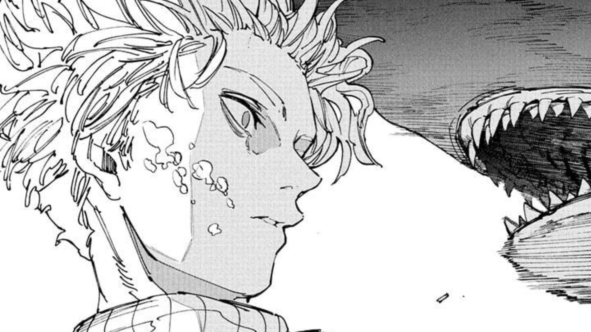 Uzuki and a shark as seen in the Sakamoto Days manga (Image via Shueisha)